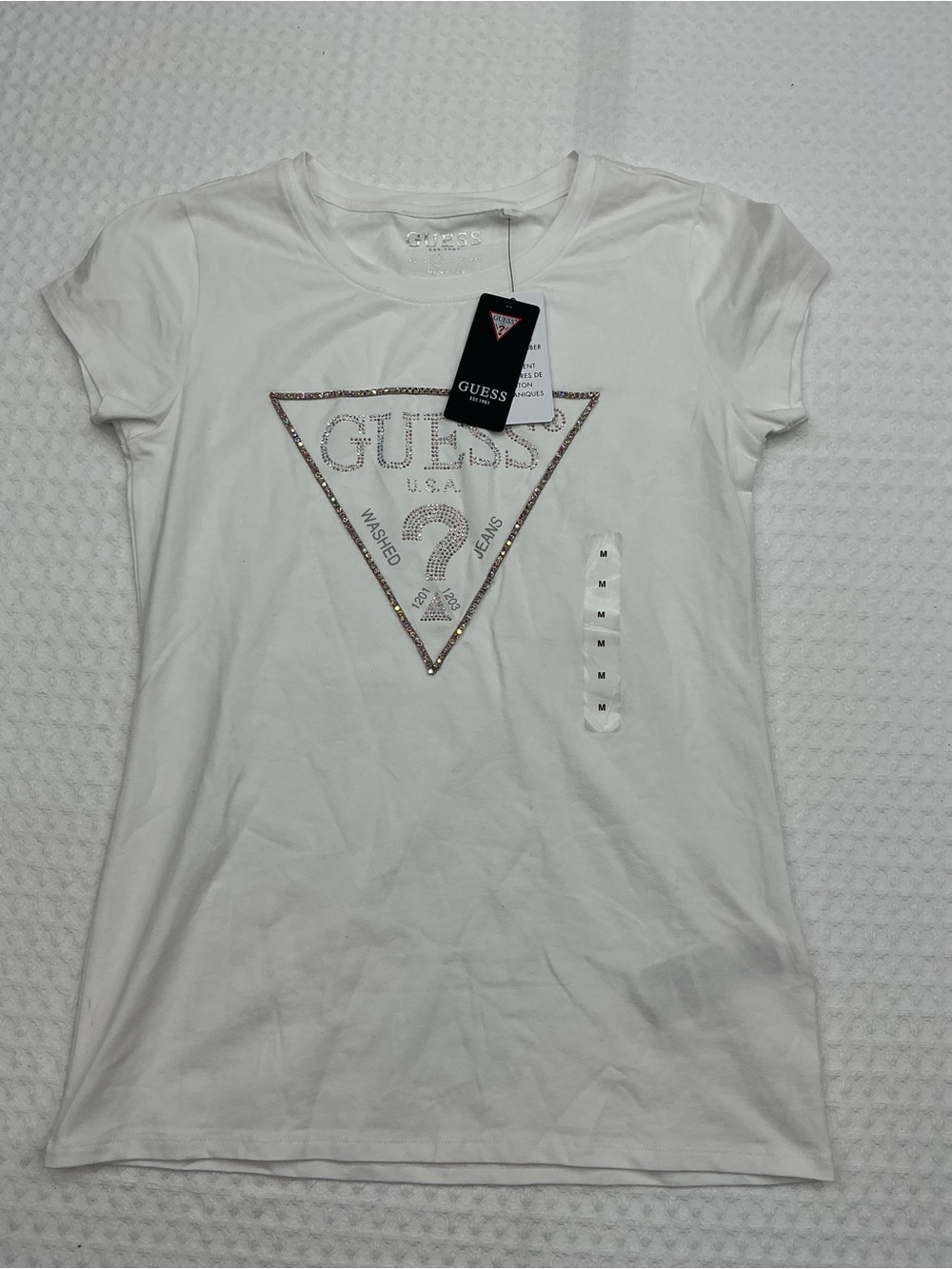Guess White Short Sleeve Tee with Rhinestone Triangle Logo